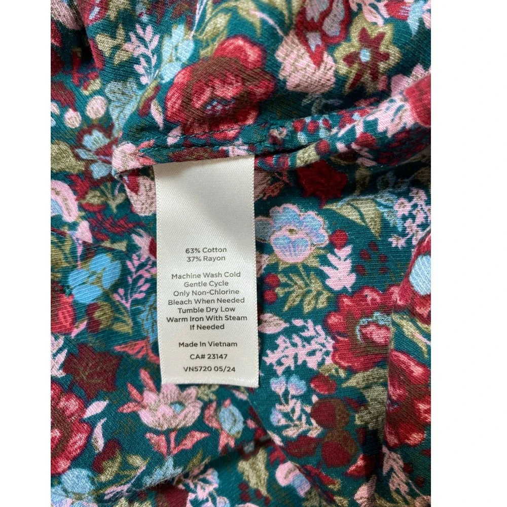 Talbots Womens Floral Button Down Shirt Teal Burgundy Cotton Rayon Size L Fall